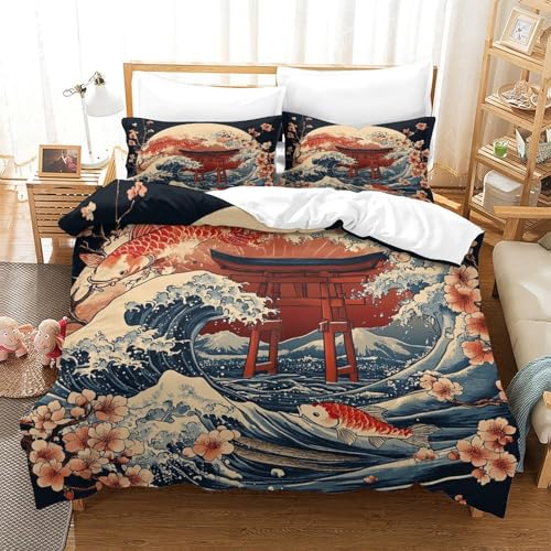 Parure de lit vague japonaise imprimé 3D durable avec housse 140x200 - 3