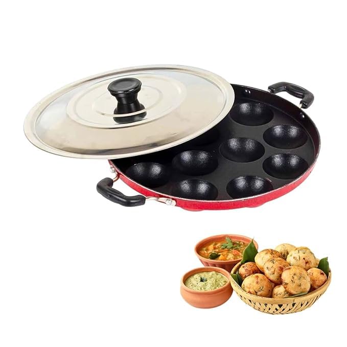 Image of Non-Stick 12 Cavity Appam Patra Pan with Stainless Steel Lid | 2 Side Handle | Multipurpose Appam Maker | Appam Patra | Appam pan | Litti Maker | Appe Stand | Dishwasher Safe (Red)