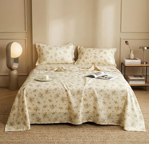 Image of BSB HOME Cloud Cotton King Size bedsheet | Flatsheet Summer Sheet with Two Pillow Covers | Super Soft Bed Sheet for King Size Bed Durable| Floral Design (270 x 250 cm, Off White & Yellow Sage)
