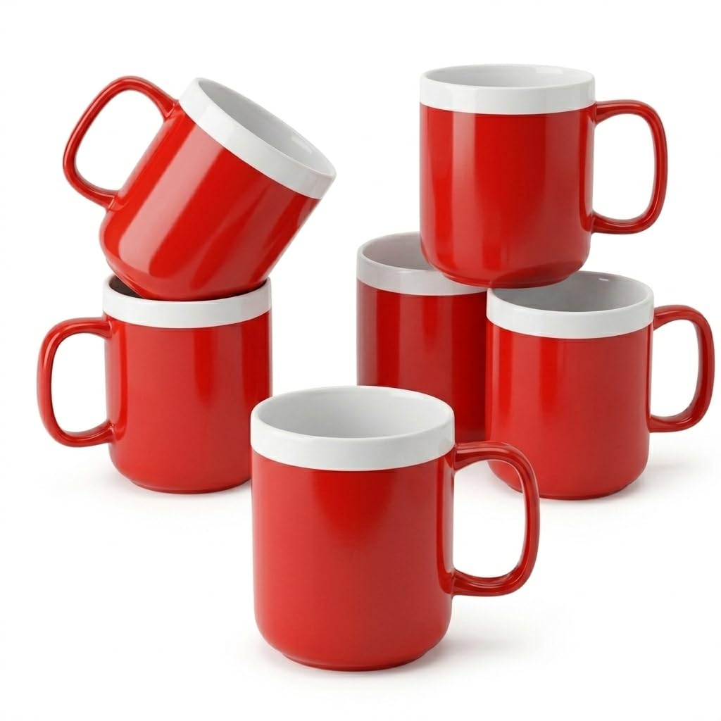 superyes Two-Tone Ceramic Coffee Mug, Red with White Rim, 15 oz, Modern Porcelain Cup with Square Handle, Set of 6, Microwave & Dishwasher Safe
