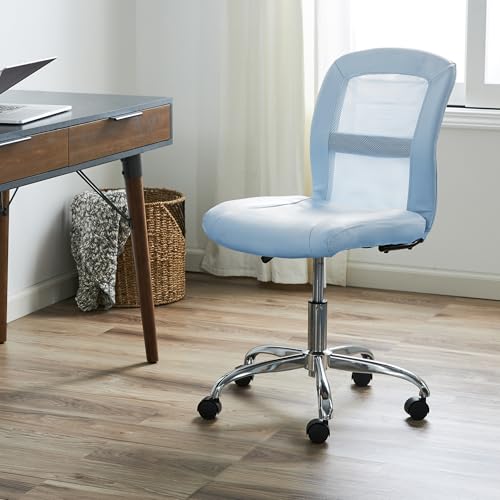 Image of Serta Armless Small Home Desk Chair with Wheel, Ergonomic Mesh Office Chair | Essentials, Leather & Foam Cushioned Seat, Adjustable Height, Vanity Chair for Bedroom & Small Space, 360 Swivel, Sky Blue