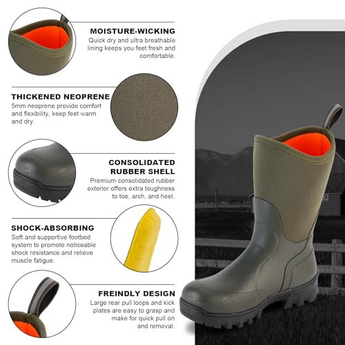Showave Men's Mid Calf Rubber Work Boots Waterproof Rain Boot Insulated Mud Boots with Comfortable Sports Soles2