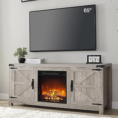 T4TREAM Fireplace TV Stand for 65 Inch TV, Farmhouse Barn Door Media Console, Entertainment Center with 18" Electric Fireplace Storage Cabinet Doors,for Living Room, 58 Inch, Light Rustic Oak
