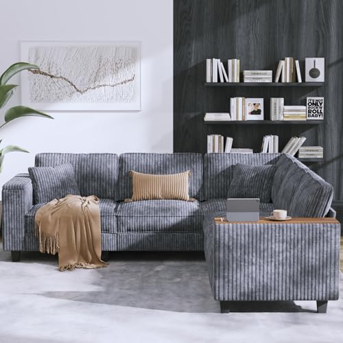 Kvutx 97” Modular Sectional Sofa Corduroy Couch Sectional with 2 Pillows Oversized Sectional Sofa L Shaped Couch Armrests with Two Hidden Storage Space Sectional Couches for Living Room Grey