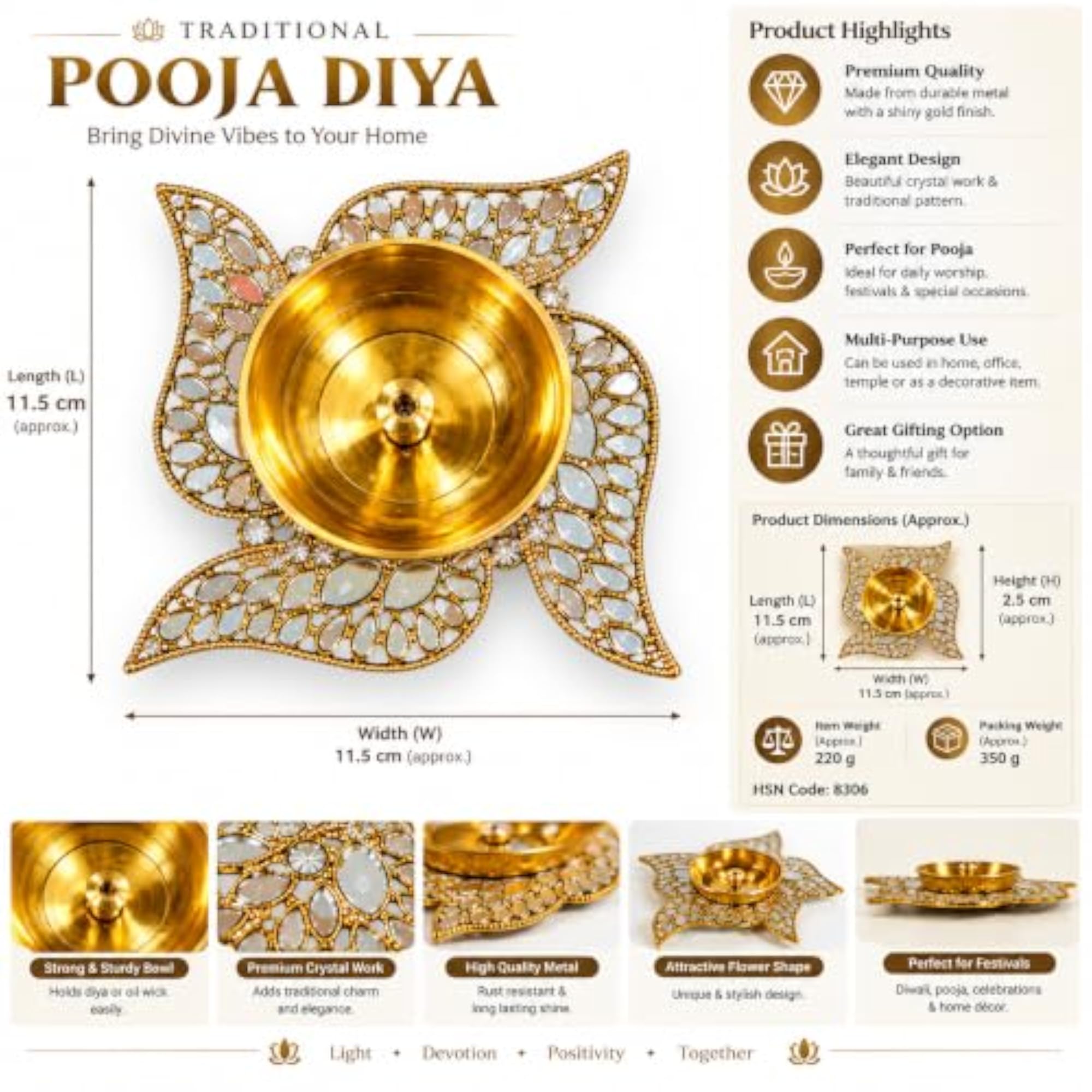 Golden Decorative Diya Plate with Crystal Stone Work