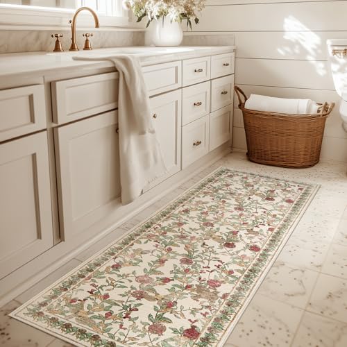 TOPICK Tapis de couloir à fleurs lavable, tapis de cuisine à poils courts, style vintage, rouge-vert, romantique, tapis 60 x 210 cm, antibactérien, pliable,...