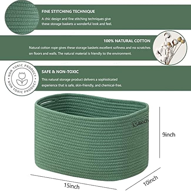 UBBCARE 3-Pack Woven Rope Shelf Baskets - 15x10x9in Decorative Storage Basket for Toys, Kids Playroom, Closet Organization & Cube Storage Organizer | Gift Basket Empty, Green
