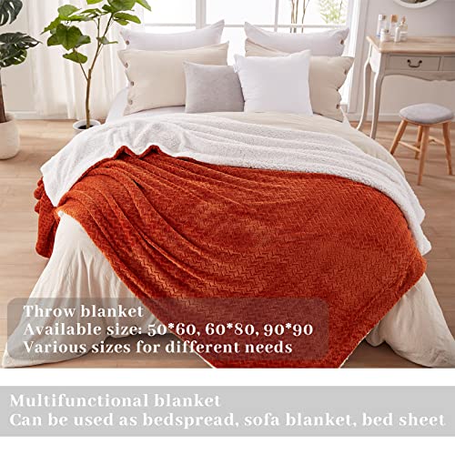 Sunstyle Home Sherpa Fleece Blanket Queen Burnt Orange Soft Cozy Plush Fluffy Flannel Thick Blanket Leaf Jacquard Luxury Winter Warm Large Reversible Blankets For Couch, Sofa, Bed 90X90 #TOP3