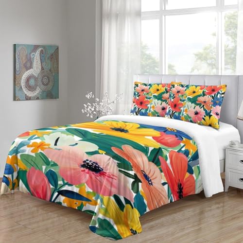 Parure de lit fleurs aquarelle 3D抗皱免烫微纤维单人被套三件套140x200cm
