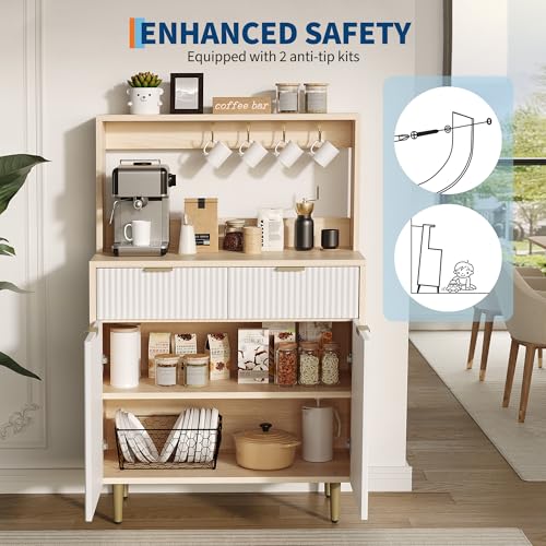 Fluted Sideboard Buffet Cabinet with Storage, Modern Coffee Bar Cabinet with Adjustable Shelves & 2 Drawers, Wood Buffet Console Table for Kitchen Dining Living Room Entryway Hallway, Natural