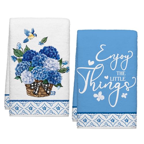 Image of Summer Blue Hydrangea Floral Kitchen Towels, Elegant Birds Dish Towels Set of 2, Spring Flowers Farmhouse 18 x 26 Inch Hand Towel Quick Drying Dishcloth Decor for Kitchen Bathroom Home