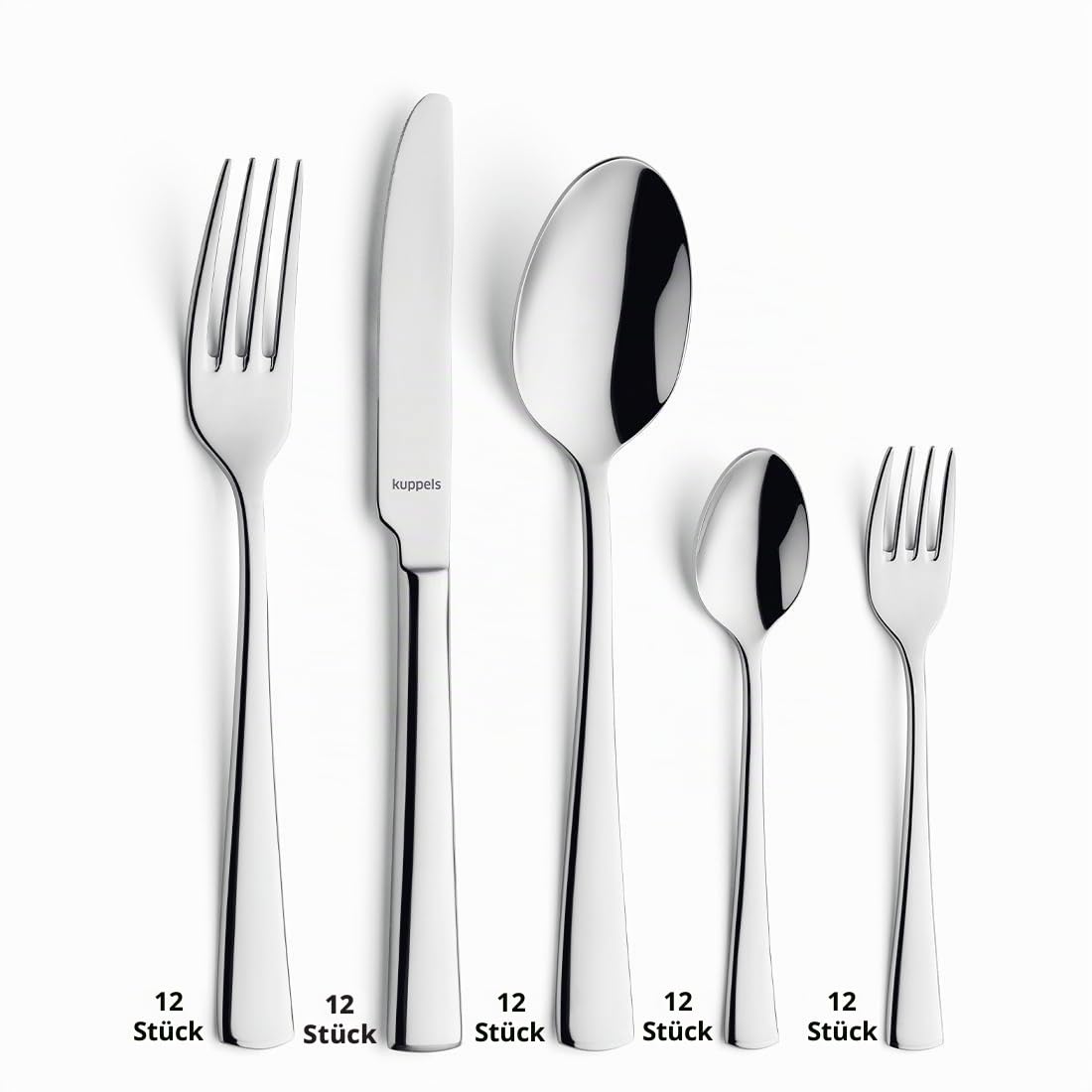 Kuppels Besteck-Set FLAIR 60-tlg, 12 Personen, Edelstahl, spülmaschinenfest | Wellenschliff-Messer, spülmaschinenfest, rostfrei, 13/0-Klingenstahl, zeitlos klassisches Besteck-Design
