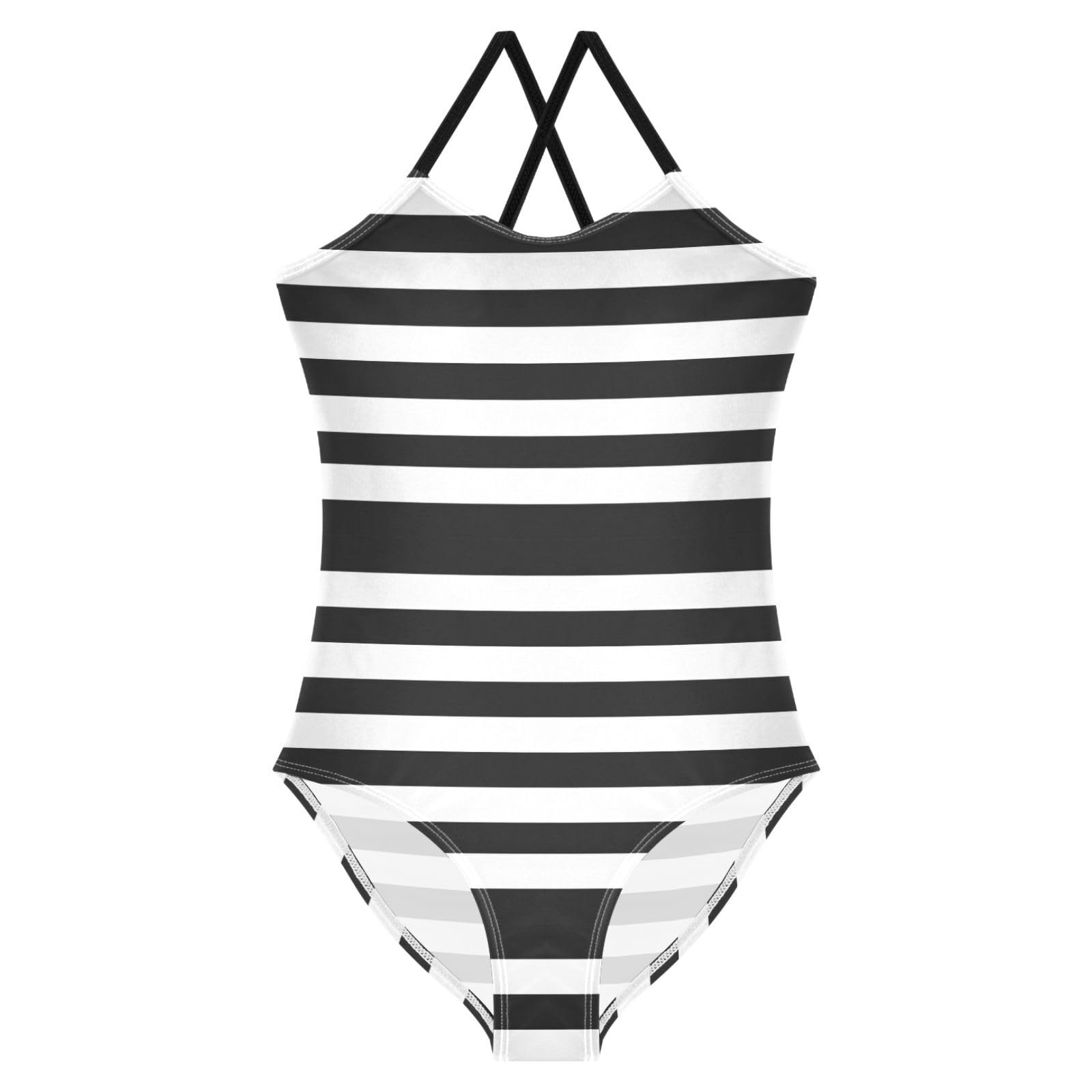 Pfrewn Girls One Piece Swimsuit Black and White Striped Quick Dry Summer Beach Bathing Suit Beachwear 9-10T