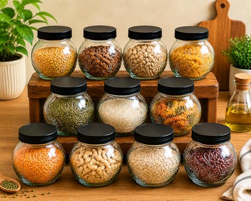 Image of Designer Transparent Glass Storage Jar with Black Plastic Airtight Lid, 900 ML Food Grade Kitchen & Pantry Storage Container, Size 8 X 14 X 14 cm, Ideal for Pulses, Dry Fruits, Pack Of 11