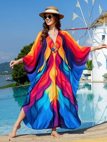 Image of IMAGEKOPE Women's Plus Size Animal Print V-Neck Batwing Kaftan Beach Dress Bathing Suit Cover-Up Loungewear
