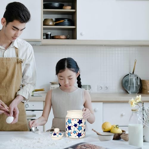 Image of Ceramic Pickle Jars For Storage Achar Chini Mati Barni Bharani Jars Jadi Jaadi Jadilu Pots Containers For Storing Salt, Tamarind Kitchen Storage With Lid, 850ML NON AIRTIGHT, Blue Stars