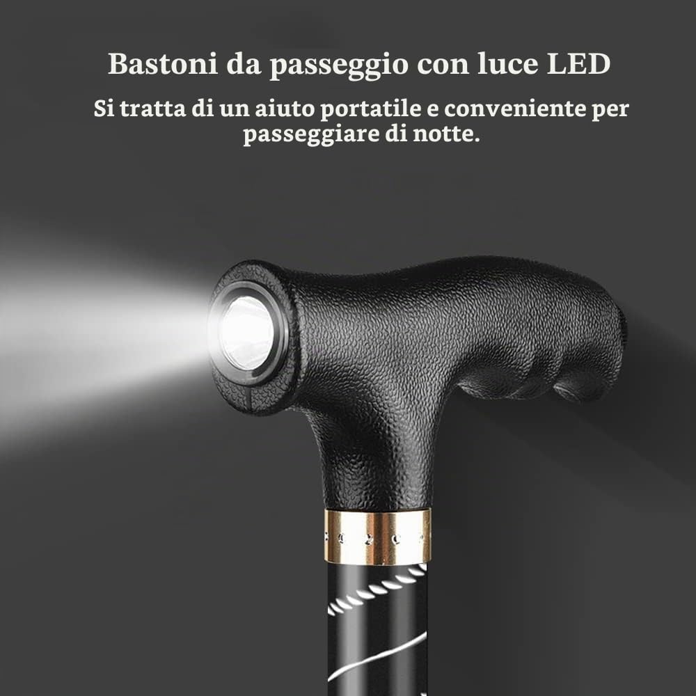 Bastone da passeggio regolabile in altezza per donne e uomini, OOCOME Bastone da passeggio regolabile con luce LED e punte in gomma, bastone da passeggio in alluminio per anziani e disabili