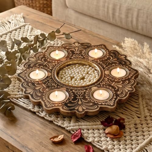 Image of BEHOMA Wooden Urli Bowl with 6 Tea Lights, Natural Wood, 12 inch | Natural wood mandala urli with 6 tea lights; ideal centerpiece for Diwali, rangoli & festive gifting.