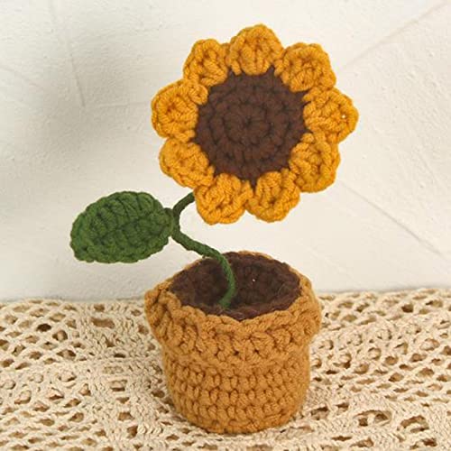 Emivery Crochet Flowers, 2Pcs Handmade Knitted Daisy Sunflower Pot Knitting Mini Artificial Flowers Bouquet With Flower Pot Set For Car Dashboard Ornaments Indoor Outdoor Art Decor Gift #TOP7