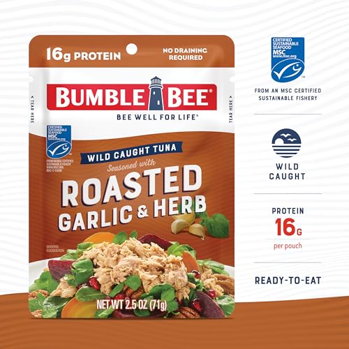 Image of Bumble Bee Roasted Garlic & Herb Seasoned Tuna, 2.5 oz Pouches (Pack of 12) - Ready to Eat - Wild Caught Tuna Packet - 16g Protein per Serving - Gluten Free