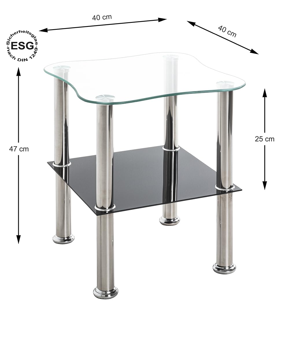 HAKU Mesa de Centro Acero Inoxidable Tablero de Cristal Negro mesita Auxiliar Color Plateado Vidrio de Seguridad Mesa de sofá Moderna Dim.: An 40 x Al 47 x P 40 cm; Estilo: Moderno