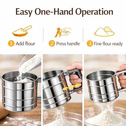 Image of Combo of Flour Sifter Hand Press Stainless Steel and (Aluminium Dishwashing Hand Glove), Atta Chalni for Kitchen, Fine Mesh Flour Sieve Sifter, Easy Press Flour Strainer, Steel Sieve for Maida Atta