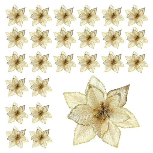 GEERDAN 24 Piezas Flores Poinsettia Brillante de Navidad, Flores Artificiales, Decoraciones para Árbol (Dorado)