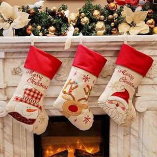 WEWILL Brand Lovely Christmas Stockings Set of 3 Santa, Reindeer, Snowman Xmas Character 3D Plush Linen Hanging Tag Knit Border 17-Inch/43CM (Style 1)