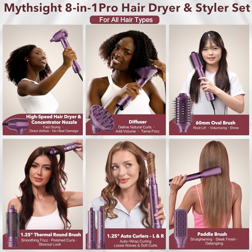 Image of Mythsight StyleVibe 8-in-1 Air Styler, Diffuser Hair Dryer & Blow Dryer Brush with Travel Bag - Auto Wrap Curls(L /R), Fast Drying, Thermal Brush for Smooth Blowouts & Frizz-Free Volume, No Heat Damage