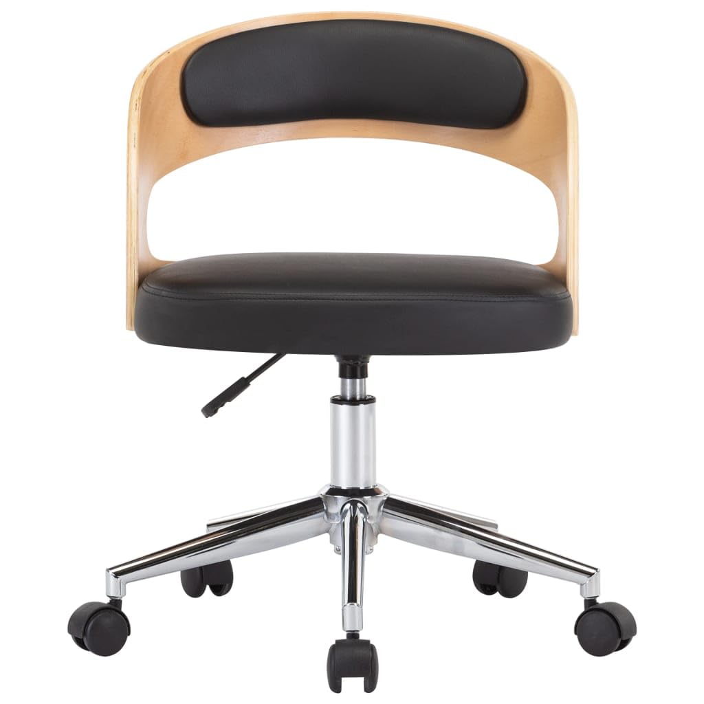 Krzesło do jadalni obrotowe, czarne, z ramą z drewna łukowego i obiciem ze sztucznej skóry, ergonomiczne oparcie, kółka z tworzywa sztucznego, 48 x 53 x 66,5 – 74,5 cm, łatwe w pielęgnacji