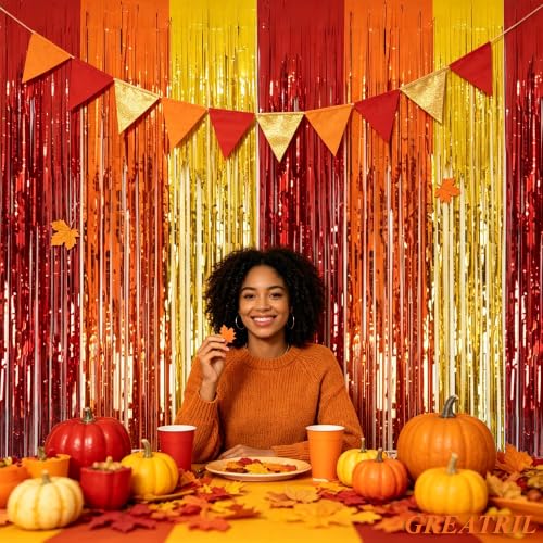 Image of Red Orange Gold Foil Fringe Backdrop Curtain - GREATRIL Party Backdrop Curtains for Birthdays Fall Pumpkin Thanksgiving Party 2 Packs