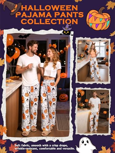 RMCMS Couples Cute Halloween Ghost Pumpkin Print Pajama Pants Sleep Lounge Pjs Bottoms with Pockets4