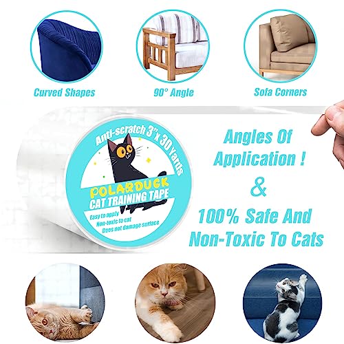 Polarduck Anti Cat Scratch Tape: 3 inches x 30 Yards Cat Training Tape 100% Transparent Clear Double Sided Cat Scratch Deterrent Tape Furniture Protector for Couch, Carpet, Doors, Pet & Kid Safe
