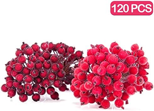 Meiliy 120 Wired Stems of Artificial Red Holly Berries 240 Heads Frost Berry Christmas Tree Decor Flower Wreath DIY Craft (Red &Dark Red)