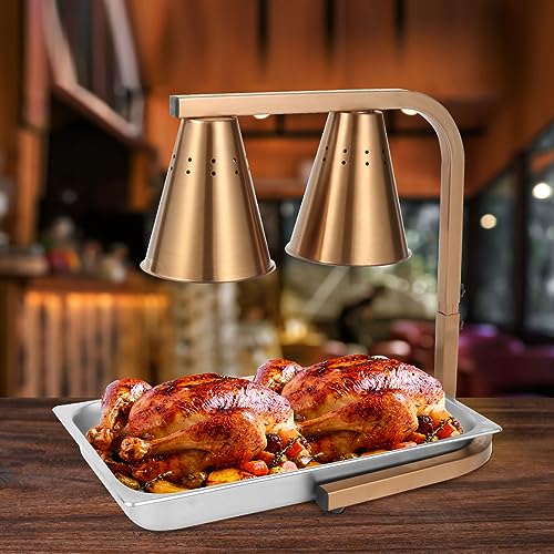 Restlrious Food Heat Lamp Freestanding Commercial Dual Head Food Warmer, Gold Stainless Steel 120V Electric Fan-Shaped Lampshade Food Heat Lamp w/250W Clear Bulbs, for Buffet Food Service