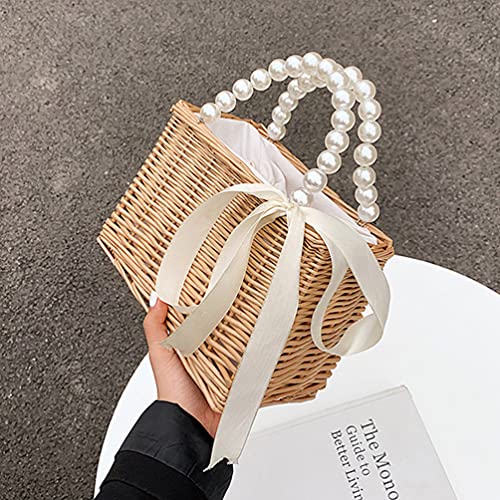 Image of KESYOO Pearl Straw Handbag Beach Bag for Women with Drawstring Closure Portable Tote for Vacation Shopping Outdoor Travel 9.05 X 5.90 X 4.72 in