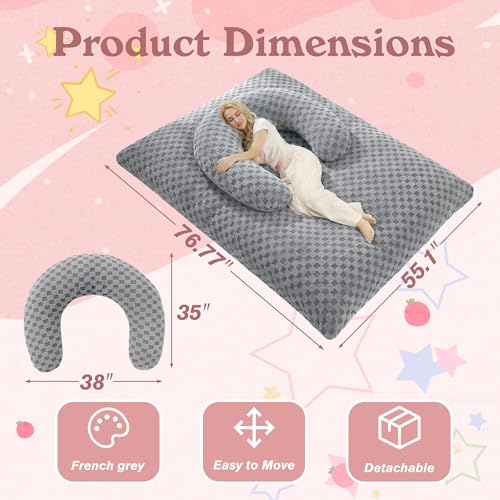 Image of HABUTWAY 3 in 1 Bean Bag Chair with Portable U-Shaped Pillow, Giant Bean Bag with Washable Cover, Convertible Sofa Bed (Light Grey)