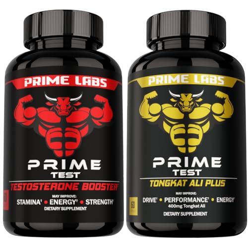 Prime Labs Suplemento para testosterona Prime Test e Tongkat Ali Plus, 60 cápsulas cada frasco