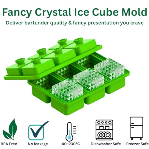 Image of Premium Large 3D Crystal Square Ice Cube Tray, Silicone Molds for Chilling Drinks, Chocolates, Juice, Jelly and Many More (Light Green)