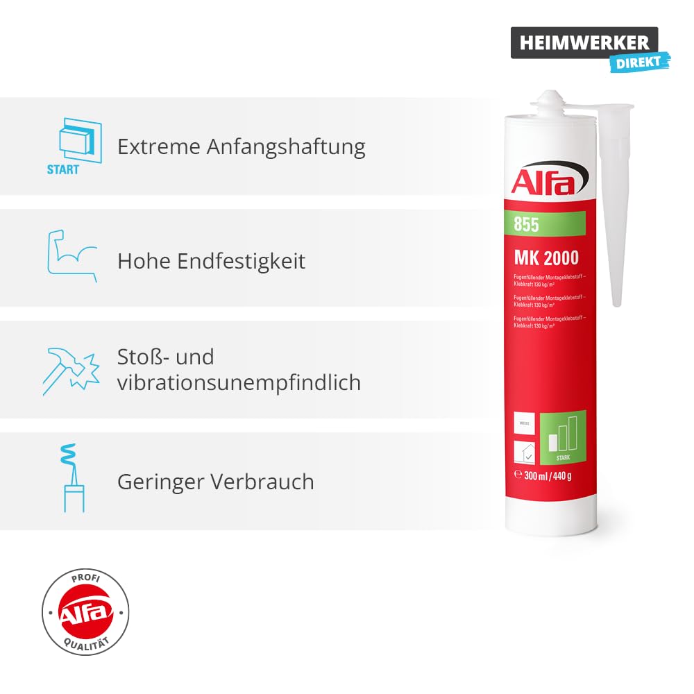 6x Alfa MK 2000 Montagekleber – 440 g Wandkleber Weiß extra Stark (2,64 kg) | Profi Qualität - Pastöser Kleber mit extrem hoher Anfangshaftung für Sockelleisten, Zierprofile, Holzwerkstoffe und Styropor