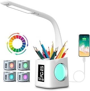 Schreibtischlampe Kinder LED, Tischlampe 10W Touch Dimmbar, Nachttischlampe Tischleuchte 7 in 1 mit 3 Helligkeitsstufen/USB-Anschluss/256 RGB/Stifthalter/Uhr/Kalender und LCD-Bildschirm Leselicht Büro