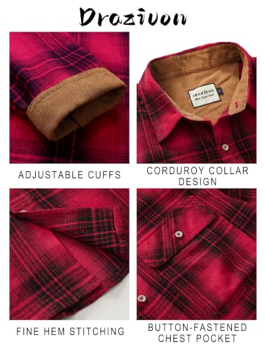 Drazivon Men's Button Down Long Sleeve Cotton Flannel Shirts Plaid Red L - image 4