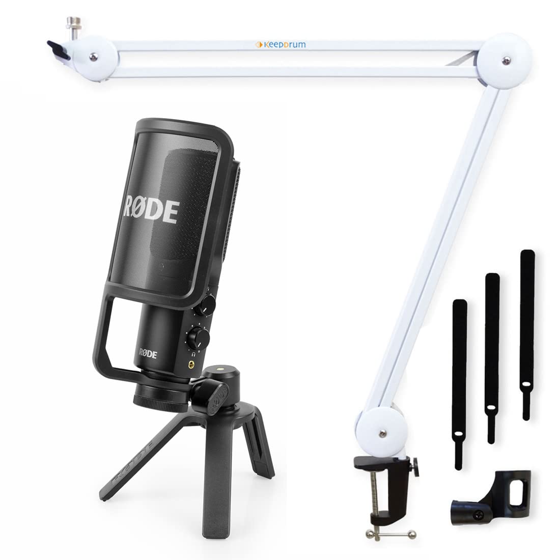 Microphone à condensateur RØDE NT-USB+ USB + bras articulé Keepdrum MS138, blanc