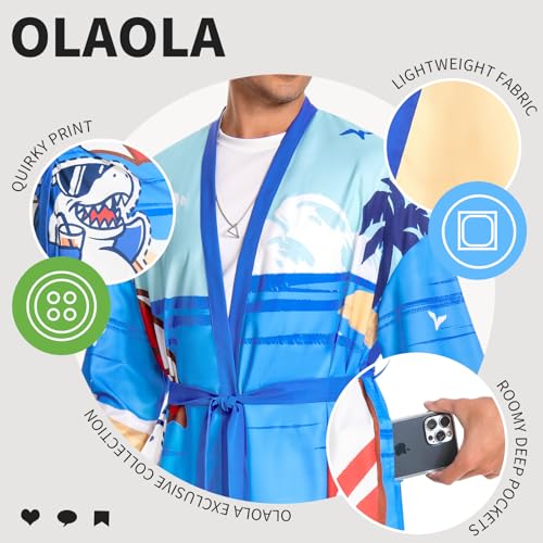 Image of OLAOLA Men Lightweight Kimono Robe with Belt Japanese Style Robe Jacket Casual Open Front Long Cardigan Cape Coat Outwear