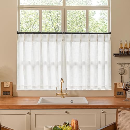 Image of Beige White Linen Pleated Curtains 30 Inch Length Light Filtering Semi Sheer Mini Curtains Cafe Small Window Basement Bathroom Boho Farmhouse Pinch Pleat Short Semi Sheer Kitchen Drapes Camper RV