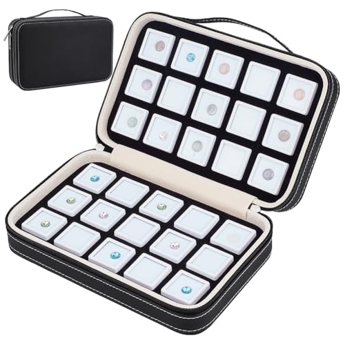 BENECREAT 30 Pcs 2.95x1.6cm Square Gem Jars with Leather Storage Box, White Loose Diamond Box with Window