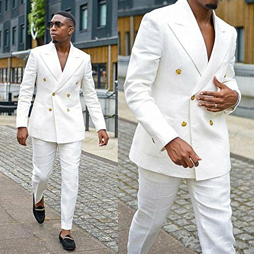 Men's Linen Two Pieces Suit Double Breasted Buttons Peak Lapel Party Dinner Tuxedos2