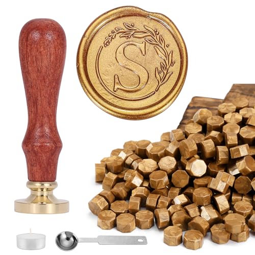 Yoption Letter Wax Seal Kit Vintage Initial Alphabet S with Wreath Sealing Stamp and 120 Antique Gold Wax Seal Beads