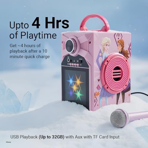 Image of Disney Frozen Kids Karaoke Bluetooth Speaker with Wired Microphone | 10W RMS Powerful Sound | RGB LED Party Lights | FM, USB, Micro SD & AUX | 4H Playtime | Perfect for Boys & Girls, Ages 5-16