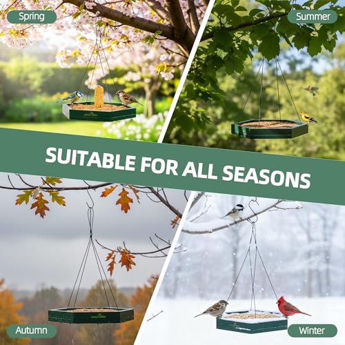 MIXXIDEA Platform Bird Feeder Tray, Hanging Bird Feeders for Outdoors, Wooden Seed Tray Mesh Seed Platform for Garden Yard Outside Decoration Attracting for Wild Birds (1pk-Green) - image 6